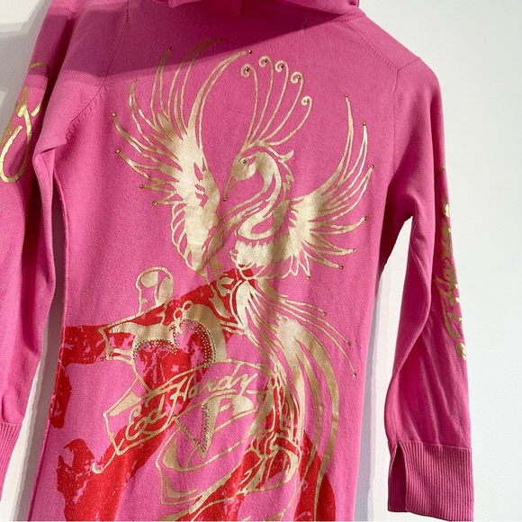 Ed Hardy Hooded tunic top pink tattoo Phoenix jersey knit 3/4 sleeves - Picture 11 of 17